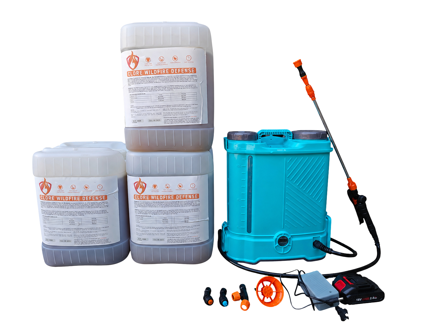 Clore Wildfire Defense kit with retardant jugs and battery sprayer
